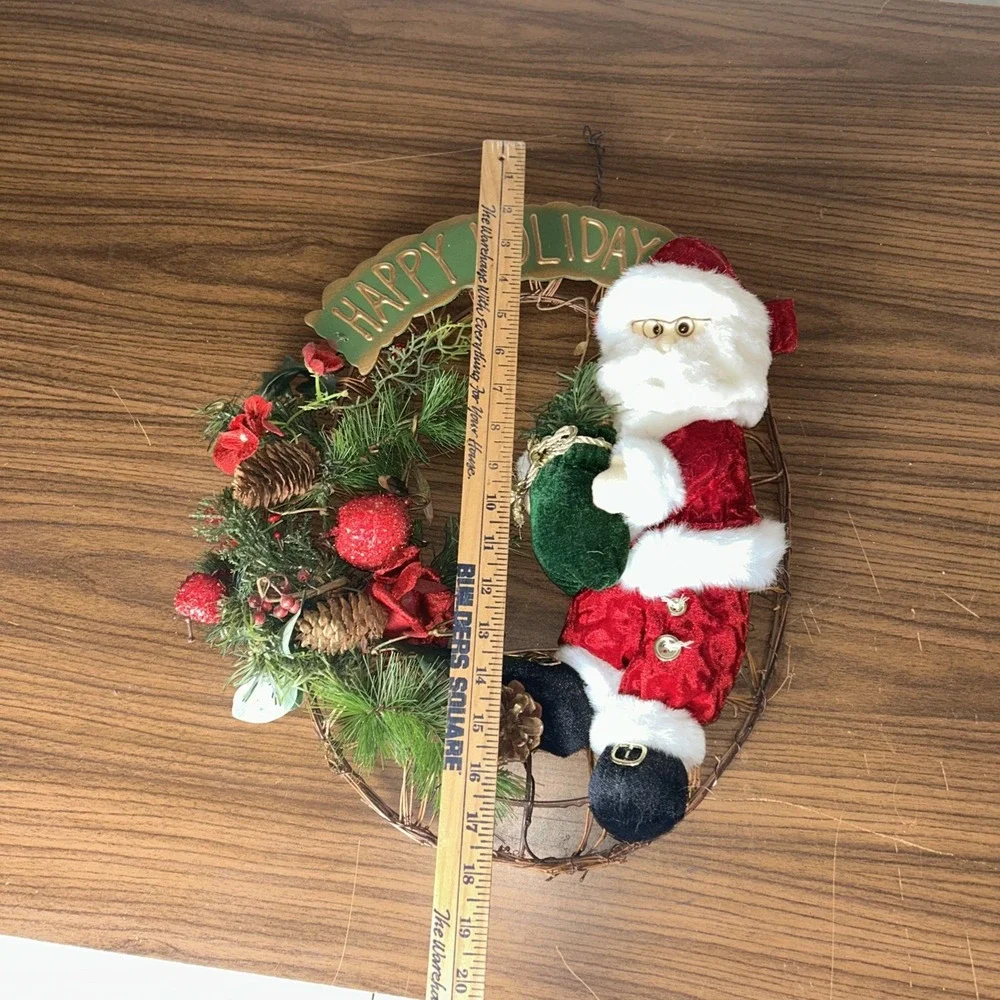 Christmas Santa Happy Holidays Grapevine Wreath Pinecone Wall Decor 18in